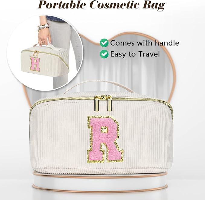 Personalized Initial Makeup Bag,Christmas Gifts for Girl,Preppy Bag Cosmetic Travel Bag Women,Travel Toiletry Organizer,Large Capacity Corduroy Stuff Bag,Cute Cosmetic Pouch Skincare Bag-R