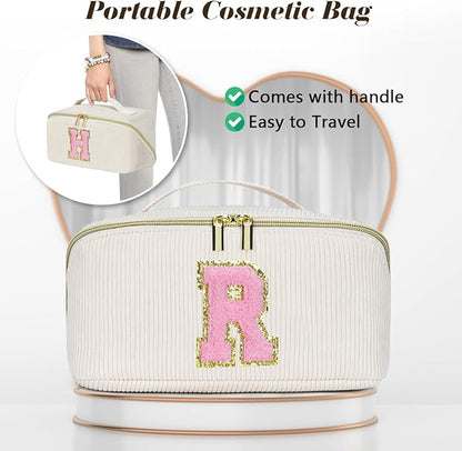 Personalized Initial Makeup Bag,Christmas Gifts for Girl,Preppy Bag Cosmetic Travel Bag Women,Travel Toiletry Organizer,Large Capacity Corduroy Stuff Bag,Cute Cosmetic Pouch Skincare Bag-M