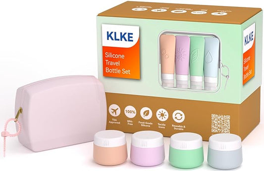 23-Piece All-in-One Silicone Travel Bottles Set – TSA Approved Leakproof Toiletry Kit with Double Bags, Flat Easy-Squeeze Bottles with Tactile Icons, Cream Jars, Pump & Spray, Cleaning Brush