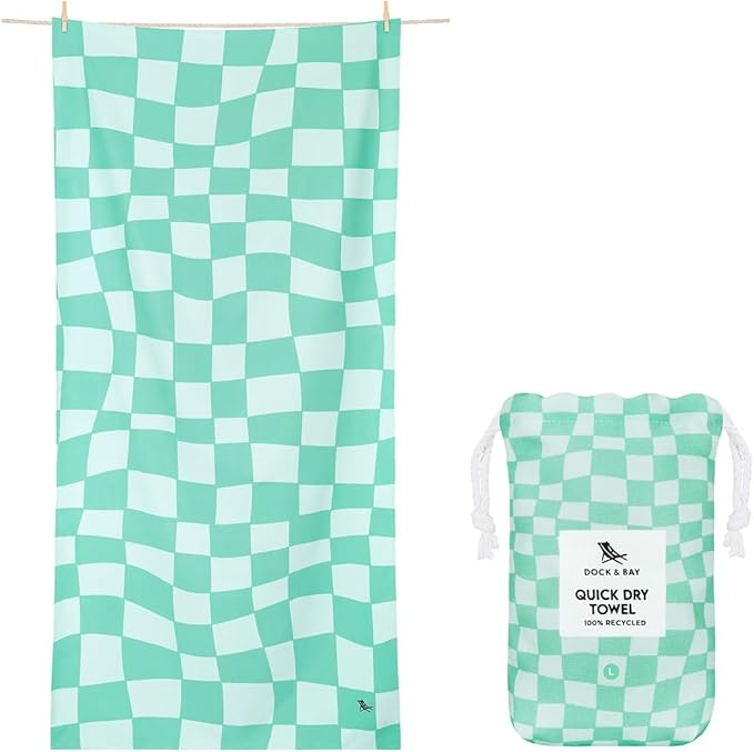 Dock & Bay Beach Towel - Quick Dry, Sand Free - Compact, Lightweight - 100% Recycled - Includes Bag - Check Mate - Extra Large (200x90cm, 78x35)