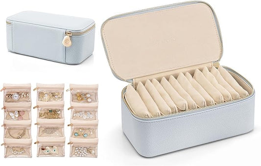 Vlando Travel Jewelry Box Organizer - 12 Small Velvet Zipped Pouches Pockets for Jewelries Necklaces Rings Earrings Sorting Storage, Baby Blue