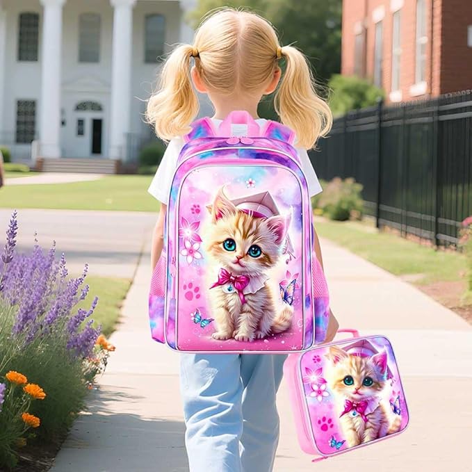 AGSDON 5 Piece Kids Luggage Set for Girls, Cute Rolling Wheels Suitcase for Toddler, Children Travel Carry on Suitcase -Cat