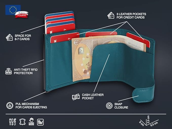 PULARYS Mini Wallet OXFORD - Credit Card Holder Made of Italian Leather - RFID blocking - Space for Cash and Coins - Up to 9 Cards - For Men and Women - Fashionable Colors