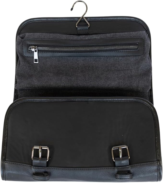 Vetelli Leather Toiletry Bag for Men - Water Resistant, 2 Zippered Internal Pockets, 2 Snap-Fastened Internal Pockets, and Hanging Hook. (Black)