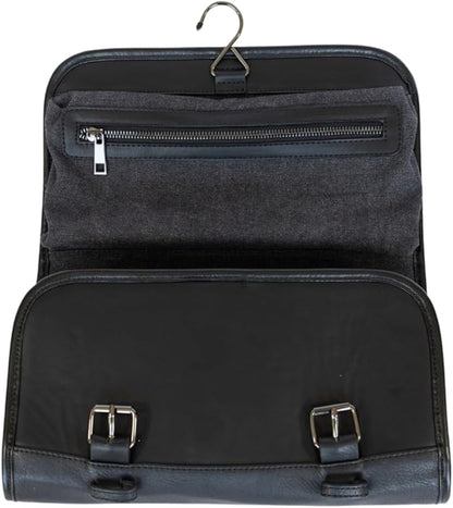 Vetelli Leather Toiletry Bag for Men - Water Resistant, 2 Zippered Internal Pockets, 2 Snap-Fastened Internal Pockets, and Hanging Hook. (Black)