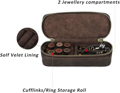 CONTACTS Crazy Horse Leather Cufflink Box for Men Travel Jewelry Storage Case Small Jewelry Organizer Padded Tray for Cufflinks Rings Earrings Studs