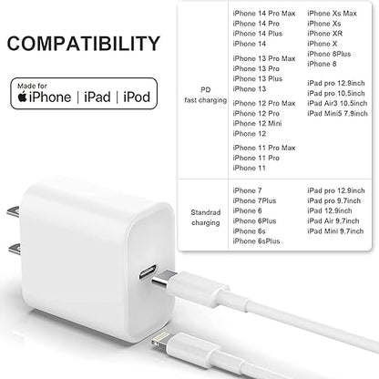 iPhone 20W USB C Fast Charger with USB C to Lightning Cable & Compatible Cord for iPhone 14/13/12/11/XS/XR/X/iPad