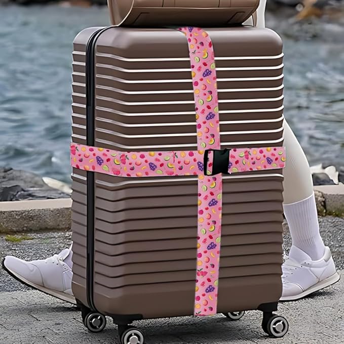 2PC,Fruit Pattern Luggage Strap 1.97 x 70.84 inch Pink Background Watercolor Fruit Design Adjustable Suitcase Belt Durable Nylon Baggage Identifier for Fun Summer Travel