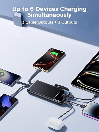 Power Bank, Portable Charger with Built in Cable 22.5W Fast Charging Battery Pack 10000mAh Slim 6 Outputs 3 Inputs LED Display Phone Charger for iPhone Samsung Pixel Moto iPad Travel Essential Gift