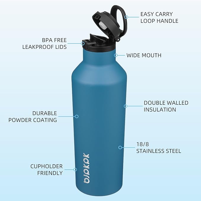 BJPKPK Insulated Water Bottle With Straw 25oz Stainless Steel Water Bottles With 2 Lids And Carry Handle Reusable Travel Metal Thermal Flask,Sea Blue