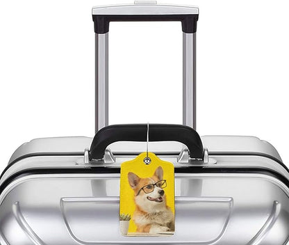 2 Pcs Yellow Luggage Tags for Suitcases Cute Dog with Glasses Pattern Leather Backpack Tag with Stainless Steel Loop Privacy Cover ID Label Travel Bag Tags Luggage Identifiers for Adults Kids Travel