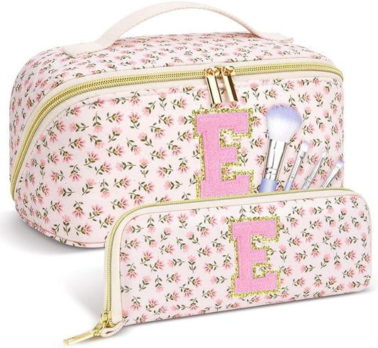 Personalized Travel Makeup Bag Set,Initial Travel Cute Floral Makeup Organizer Bag,Toiletry Skincare Cosmetic Bag,Christmas Gifts for Women/Girls,Open Flat Toiletry Pouch with Brush Pocket-E