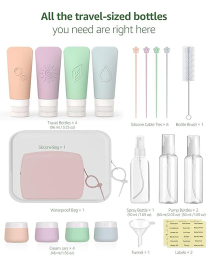 23-Piece All-in-One Silicone Travel Bottles Set – TSA Approved Leakproof Toiletry Kit with Double Bags, Flat Easy-Squeeze Bottles with Tactile Icons, Cream Jars, Pump & Spray, Cleaning Brush