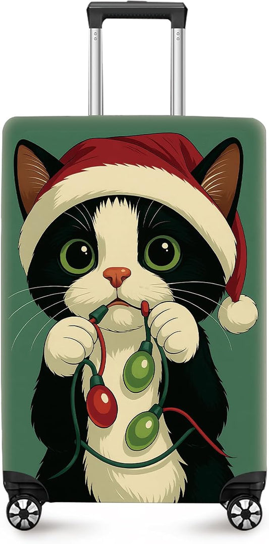 ANNA QUEEN Christmas Cat Luggage Cover, Cute Santa Cat with Light String Suitcase Protector, Stretchable Washable Travel Sleeve for 28-30 Inch Luggage