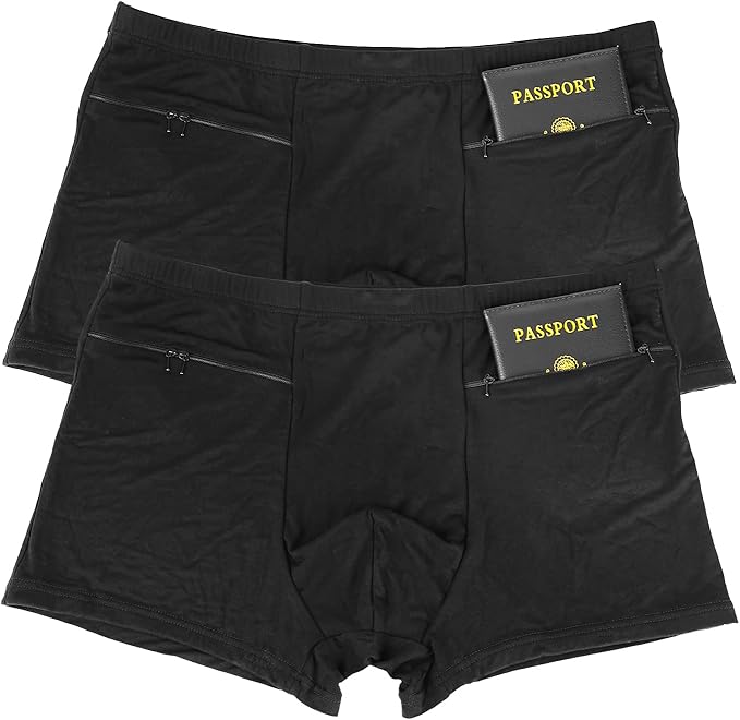 LUEXBOX Pocket Underwear for Men with Secret Hidden Pocket, Travel Boxer Briefs, 2 Packs (Black)