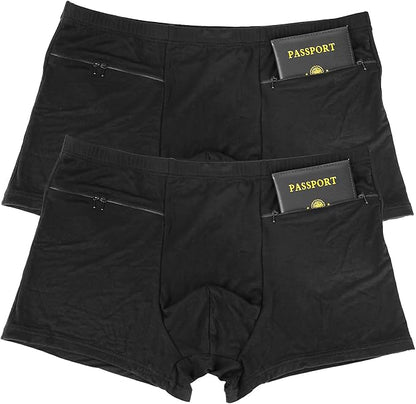 LUEXBOX Pocket Underwear for Men with Secret Hidden Pocket, Travel Boxer Briefs, 2 Packs (Black)