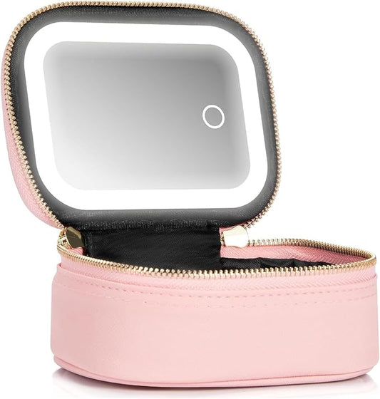 Small Makeup Bag with Led Mirror, Mini Travel Make up Bag 3 Light Modes Adjustable Brightness, for Women Organizer Cosmetic Bag, Portable Travel Train Toiletry Bag, for Pool Parties Work Touch-Ups