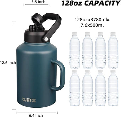 BJPKPK 1 Gallon Water Bottle with Handle, Large Dishwasher Safe 128oz Insulated Water Bottle, BPA Free Water Jug, Wide Mouth Metal Flasks with Anti-slip Bottom, Keep Cold & Hot,Navy Blue