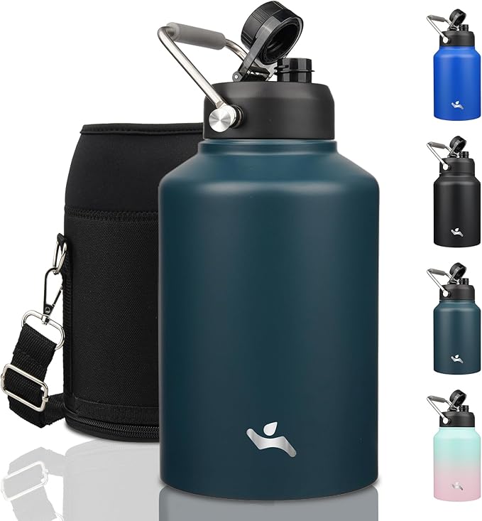 1 Gallon Jug with Handle,128 oz Insulated Water Bottle with Carrying Pouch, Double Wall Vacuum Stainless Steel Metal Bottle,Navy blue