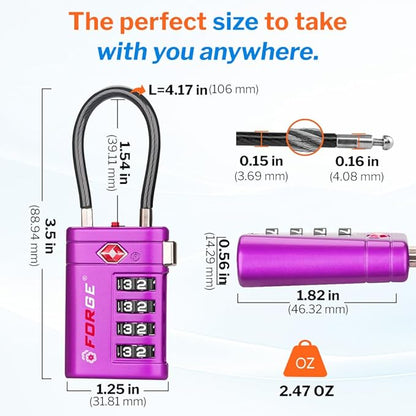 Forge TSA Approved Luggage Locks 4 Digit Combination TSA Travel Locks with TSA008, Open Alert Indicator, Zinc Alloy Body for Luggage, Suitcase, Backpack, and More. Purple 2 Locks.