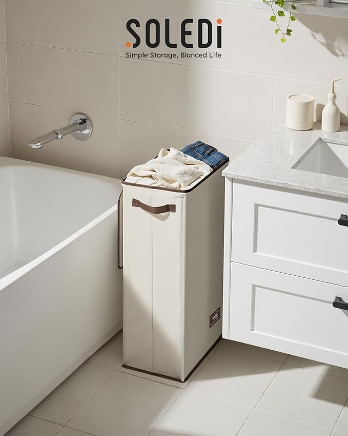 SOLEDI Slim Laundry Hamper with Lid, Narrow Laundry Basket with Removable Bags, Dirty Clothes Hamper with handle, Small Hamper perfect for Laundry room, Bathroom, Bedroom, Small spaces. 70L Beige