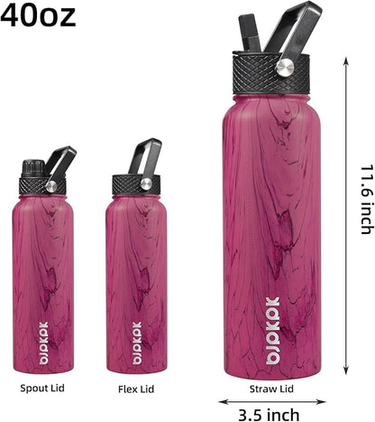 BJPKPK Insulated Water Bottles with Straw Lid, 40oz Stainless Steel Water Bottles with 3 Lids, BPA Free Leakproof Thermo, Tumblers, Cups for Sports, Gym- Wood Pink