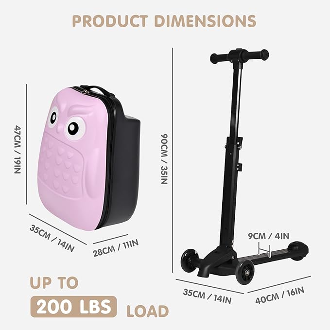 smilesun 4-in-1 Detachable Scooter Suitcase for Kids & Teens, 3D Owl/Dolphin Hardside Ride-On Luggage, Lightweight Foldable Design, Unique Travel Gift for Children(Pink Owl 22-inch)