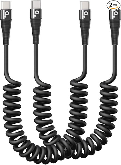 Coiled USB C to C Cable for Car 5FT, USB Type C Charger Cable Short USBC Fast Charging Cable for iPhone 17/16/15/Pro/Plus/Pro Max/Samsung Galaxy S23, Compatible All Type C Devices-Black 2Pack