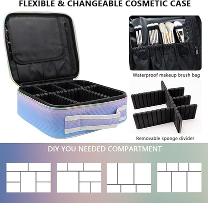 Travel Makeup Case 4 Layers Portable Makeup Train Case Cosmetic Bag Organizer Storage for Women with Adjustable Dividers and Shoulder Strap for Toiletry Travel Accessories(gradient purple)