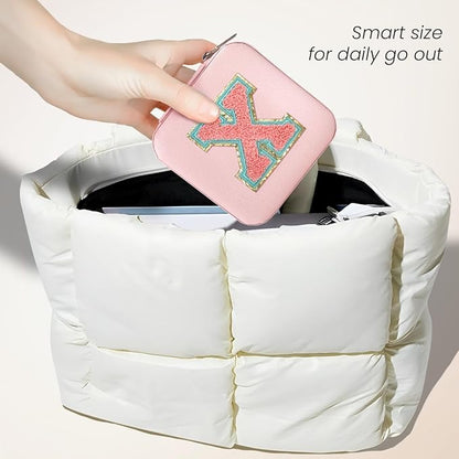 SANDJEST Personalized Jewelry Box, Pink Travel Jewelry Box with Initial X, Small Monogrammed Jewelry Case Organizer for Girls Women Teen Kids, Mini Travel Essentials Gifts for Birthday Christmas