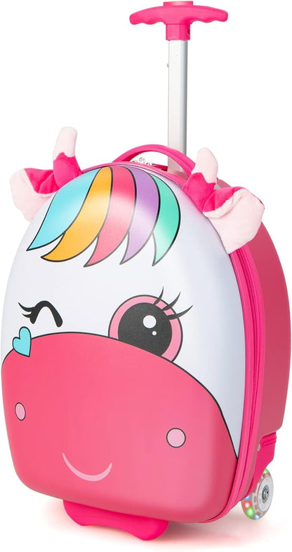 Goplus Kids Luggage, 16’’ Carry on Suitcase with LED Wheels, Waterproof Hard Shell, Lightweight Rolling Luggage for Travel, Birthday Christmas Gifts for Toddlers, Children, Boys, Girls (Pink)
