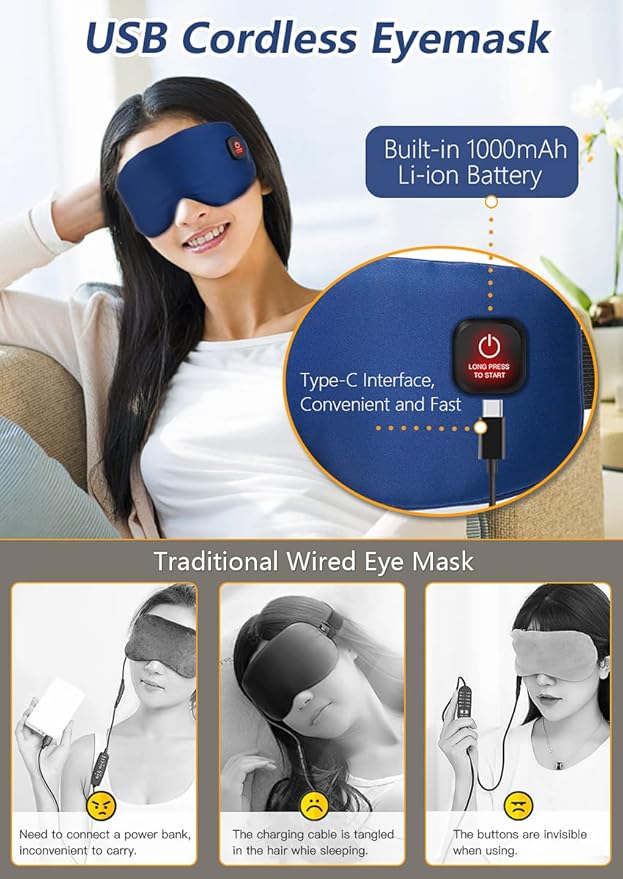 Heated Eye Mask Cordless for Dry Eyes, USB Eyes Heating Pad, Rechargeable, Real Silk, Sleep Mask for Men Women, Warm Eye Compress for Relief Stye, Blepharitis, Chalazion Navy