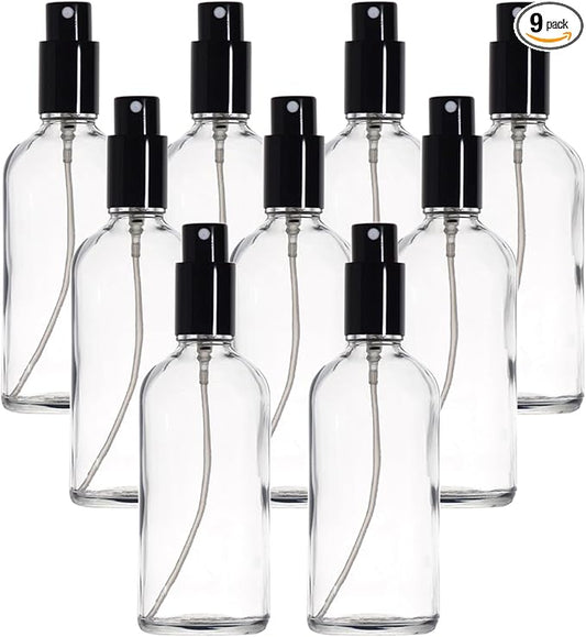 YIZHAO Clear Glass Spray Bottles 4oz, with Small Fine Mist Spray, Metal Cap, Refillable for Essential Oil,Travel,Cleaning,Perfume,Aromatherapy,Makeup – 9 Pcs