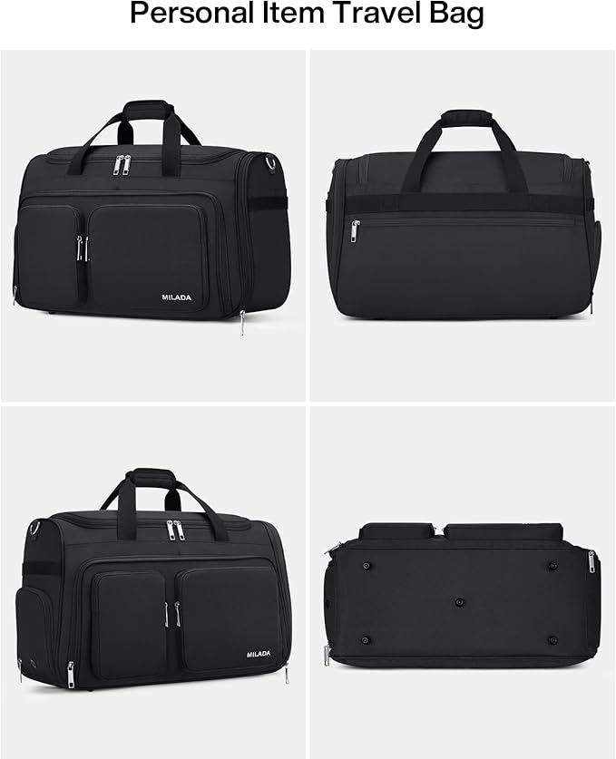MILADA Carry On Luggage Bags for Travel Large Foldable Duffle Bag for Travel Lightweight Personal Bags for Airplanes Weekend Overnight Bags for Women Mens Travel Bag, Black
