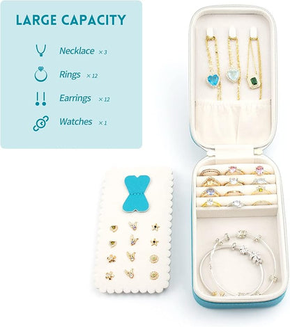 Small Travel Jewelry Organizers Box for women with PU Leather Portable Mini Jewelry Case with compartments for Necklace Rings Earrings,Luxury Giftable boxes. (Blue green, M)
