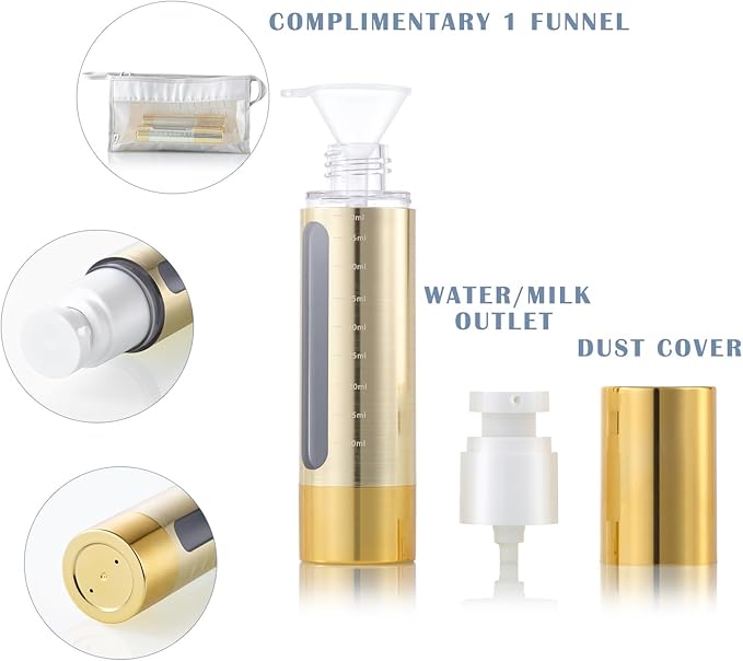 Gold, empty cosmetic pump bottle with travel bag, refillable, vacuum pump bottle for lotion, toner, foundation make-up, hair oil, hand sanitizer and other liquids, 7 pieces (1.7 oz/50ml)