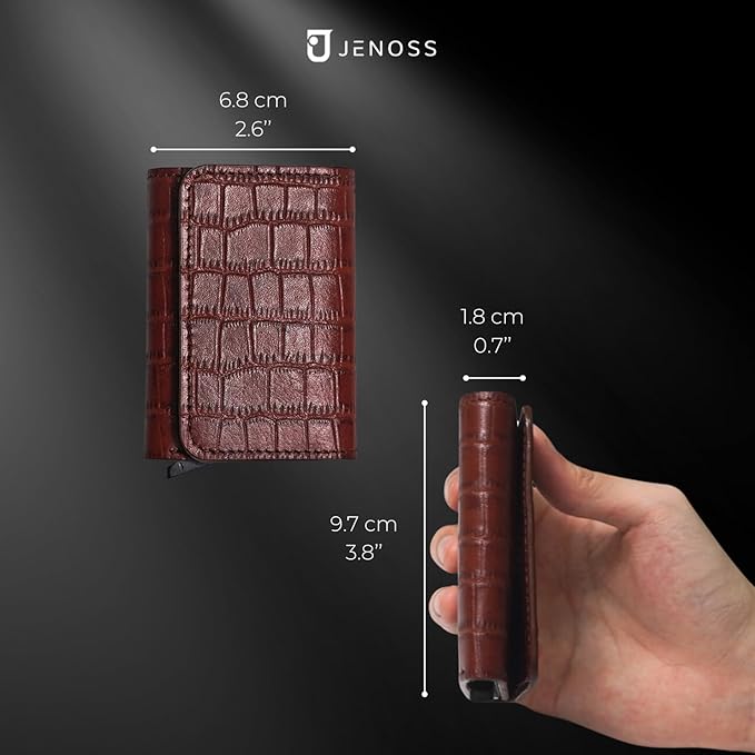 Jenoss Smart Wallet For Men: Full Grain Leather, Handcrafted, Slide Metal Pop Up Case, Slim RFID Blocking Credit Card Holder, Minimalist, Compact, 6-8 Cards Organizers, Front Pocket, Clip (Burgandy)