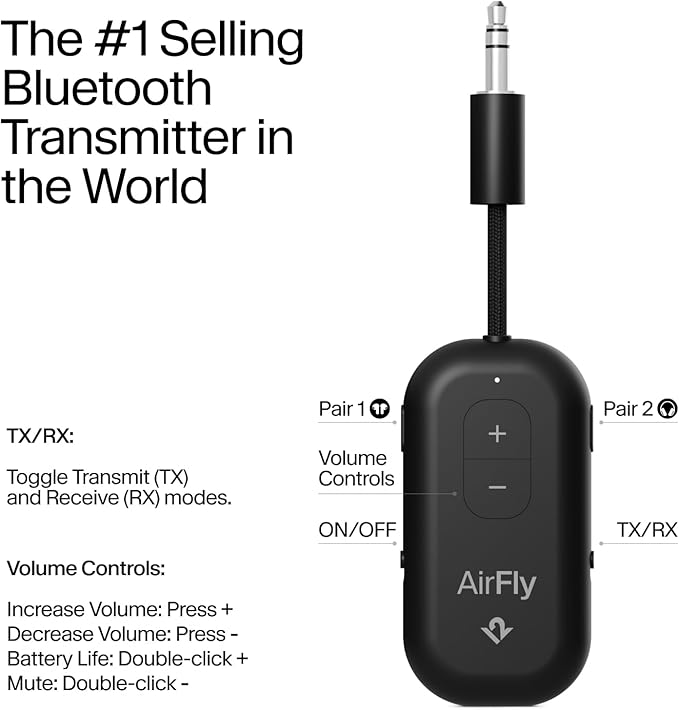 AirFly Pro 2 – Bluetooth Adapter for Airplane, Pair 2 AirPods or Wireless Headphones – 3.5mm AUX Bluetooth Transmitter and Receiver for Cars, Boats, Treadmills, TVs– Airplane Travel Essentials, Black