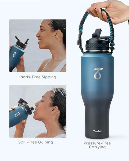 Trebo 40 oz Water Bottle Insulated Fit in Any Car Cup Holder,Triple Wall Vacuum Insulated Water Bottle (Cold for 48 Hrs, Hot for 24 Hrs),Leakproof Stainless Steel Tumbler Flask with Paracord Handle