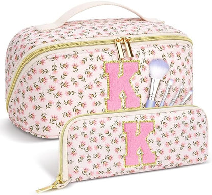 Personalized Travel Makeup Bag Set,Initial Travel Cute Floral Makeup Organizer Bag,Toiletry Skincare Cosmetic Bag,Christmas Gifts for Women/Girls,Open Flat Toiletry Pouch with Brush Pocket-K