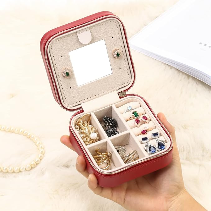 Jewelry Travel Case with Mirror,Small Travel Jewelry Organizer, Portable Jewelry Box Travel Mini Organizer Portable Display Storage Box For Rings Earrings Necklaces (4Color - 4packs)