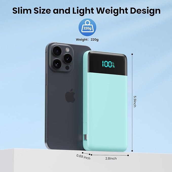 Portable Charger for iPhone with Built in Cables and Wall Plug,Upgraded 13800mAh Fast Charging USB C Power Bank,4 Outputs Travel Essential Battery Pack Compatible with iPhone 17/16/15/14,Samsung-Green