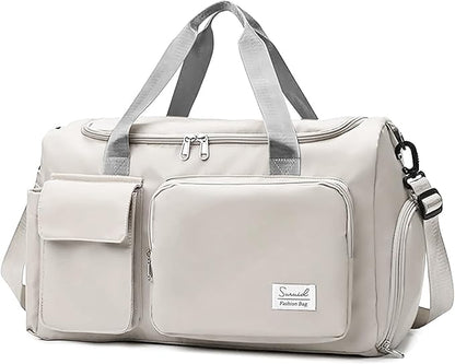 Travel Duffel Bag with Shoes Compartment Sports Gym Bag with Dry Wet Separated Pocket for Men and Women, Overnight Bag Weekender Bag Training Handbag Yoga Bag - White Gray