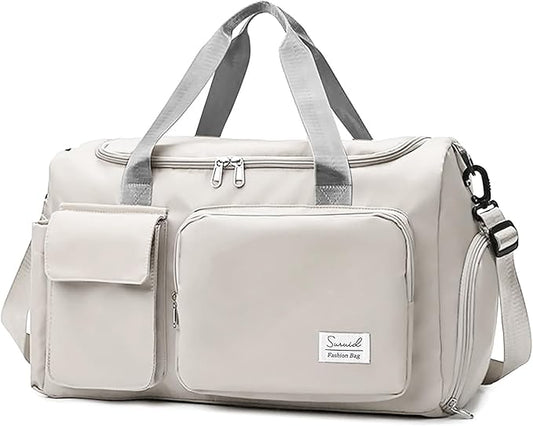 Travel Duffel Bag with Shoes Compartment Sports Gym Bag with Dry Wet Separated Pocket for Men and Women, Overnight Bag Weekender Bag Training Handbag Yoga Bag - White Gray