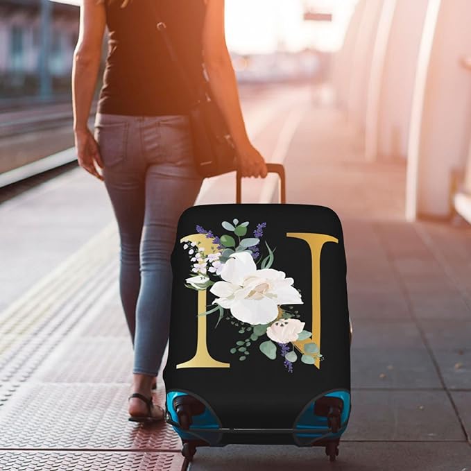Flower Lette N Black Luggage Cover Elastic Washable Stretch Suitcase Protector Anti-Scratch Travel Suitcase Cover for Kid and Adult M (22-24 inch suitcase)