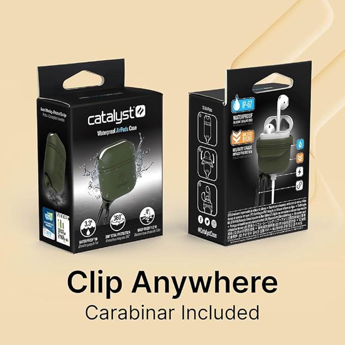 Catalyst Waterproof Case for AirPods 2nd Generation and AirPods 1st Generation - Wireless and USB-C Charging High Drop Protection AirPod Gen 2 and Gen 1 Case with Carabiner, One Piece Design