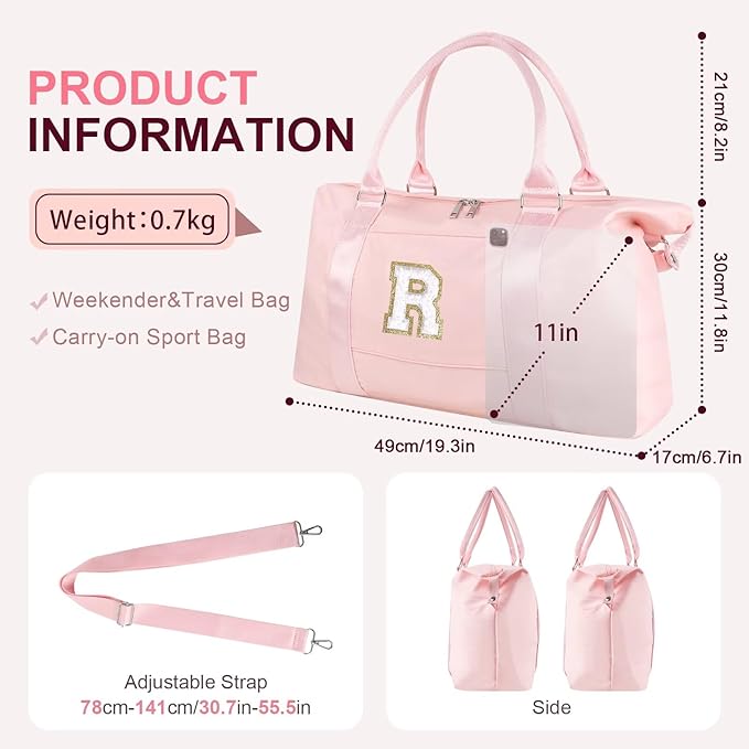 Dance Gym Duffel Bag for Teen Girls, Personalized Initial Travel Weekender Bag,Cute Overnight Carry On Duffle for Women,Sports Travel Cheer Bag,Monogram Christmas Gifts for Tween Preppy(pink-R)