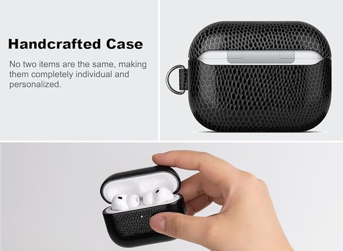 Handmade Case - for AirPods Pro 3 Case Cover with Carabiner - Selected Vegan Leather, Lizard Skin Texture, Drop Protection Hard Shell Cover for AirPods Pro 3rd Generation Earbuds - Black