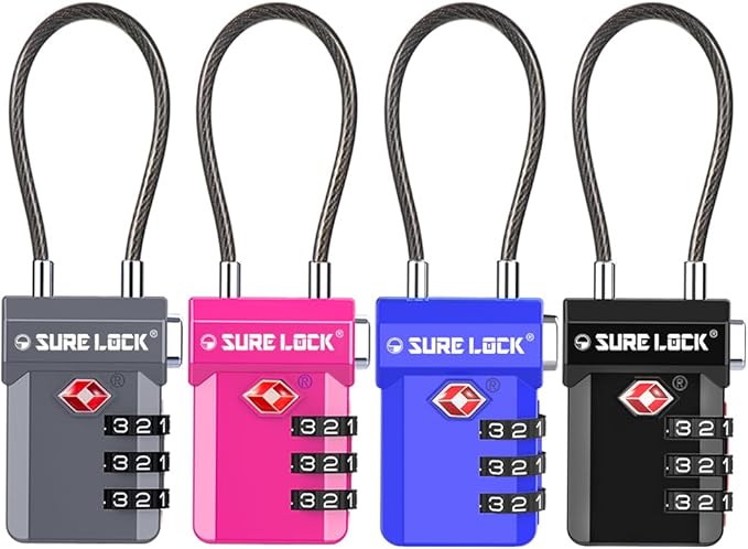 SURE LOCK TSA Approved 3-Digit Combination Luggage Locks – Open Alert Indicator, Re-settable Code with Zinc Alloy Body, Easy-Read Dials for Suitcase, Backpack, Gym Locker & Toolbox (Multiple Colors)