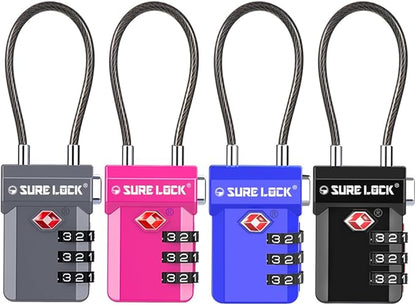 SURE LOCK TSA Approved 3-Digit Combination Luggage Locks – Open Alert Indicator, Re-settable Code with Zinc Alloy Body, Easy-Read Dials for Suitcase, Backpack, Gym Locker & Toolbox (Multiple Colors)
